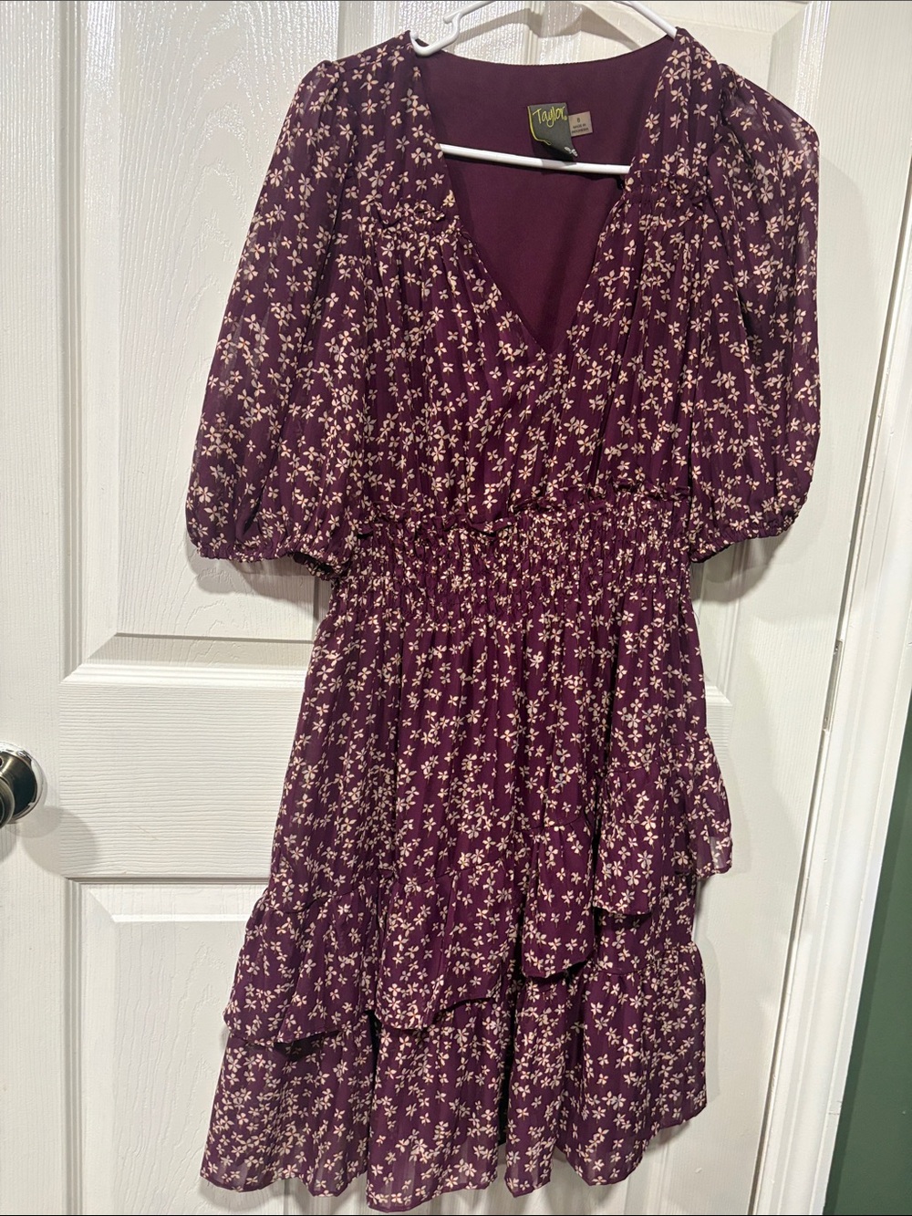 Taylor Plum Floral Tiered V-Neck Dress